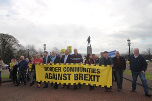 File - A Sinn Féin Brexit protest at Stormont against a hard border, Belfast, Northern Ireland, 8 October, 2015. Post-Brexit border controls are a controversial issue.