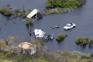 File - An aerial view shows severe flooding caused by Hurricane Harvey in Rockport, Texas, Aug. 28, 2017.