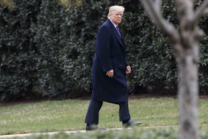 Donald Trump walks to the Oval Office after speaking at the Latino Coalition Legislative Summit, Wednesday, March 7, 2018