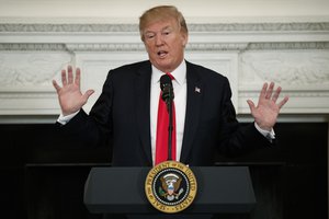 President Donald Trump speaks during a meeting with the members of the National Governors Association in the State Dining Room of the White House, Monday, Feb. 26, 2018, in Washington.