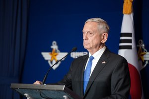 Defense Secretary Jim Mattis listens to South Korean Minister of Defense Song Young-moo address the media following the 49th Security Consultative Meeting at the South Korean Ministry of Defense in Seoul on Oct. 28, 2017