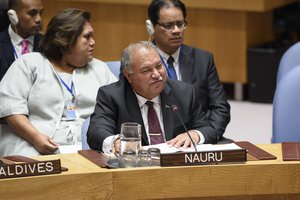 File - Baron Divavesi Waqa, President of Nauru, addresses the Security Council meeting on maintenance of international peace and security, with a focus on understanding and addressing climate-related security risks, 11 July 2018, United Nations, New York