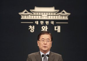 South Korean National Security Director Chung Eui-yong speaks during a press conference at the presidential Blue House in Seoul, Thursday, Sept. 6, 2018. North Korean leader Kim Jong Un reaffirmed his commitment to a nuclear-free Korean Peninsula amid a growing standoff with the United States, his state-controlled media reported Thursday after a South Korean delegation met him to set up an inter-Korean summit. (AP Photo/Ahn Young-joon)