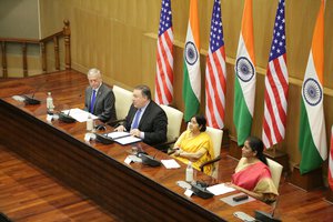 U.S. Secretary of State Michael R. Pompeo flanked by U.S. Secretary of Defense Jim Mattis, Indian Minister of External Affairs Sushma Swaraj and Indian Defense Minister Nirmala Sitharaman delivers closing remarks at the 2+2 Dialogue, in New Delhi, India, September 6, 2018.