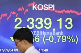 A currency trader walks by a screen showing the Korea Composite Stock Price Index (KOSPI) at the foreign exchange ...