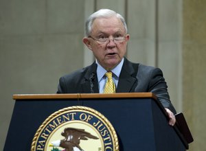 Attorney General Jeff Sessions speaks during the opening of the summit on Efforts to Combat Human Trafficking at Department of Justice in Washington, Friday, Feb. 2, 2018.  (AP Photo/Jose Luis Magana)