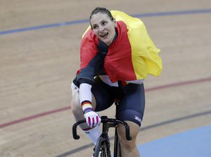 Germany's Kristina Vogel celebrates after winning the women's sprint final at the World Track Cycling championships in Hong Kong, Friday, April 14, 2017