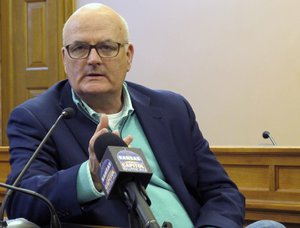 Kansas House Minority Leader Jim Ward, D-Wichita, answers questions during a news conference, Friday, Feb. 2, 2018, at the Statehouse in Topeka, Kan.