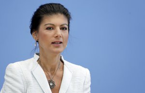 Sahra Wagenknecht addresses the media during the first press conference of the new political movement 'Stand Up' in Berlin, Germany, Tuesday, Sept. 4, 2018.