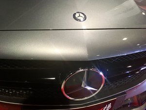 A shiny, gray Mercedes-Benz car on display at a car show. Taken on June 2018.