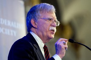 National security adviser John Bolton speaks at a Federalist Society luncheon at the Mayflower Hotel, Monday, Sept. 10, 2018, in Washington.