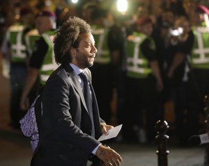 Real Madrid's Marcelo arrives at the team's hotel in Kiev, Ukraine, Thursday, May 24, 2018. Real Madrid will play Liverpool in the Champions League final soccer match in Kiev on Saturday May 26