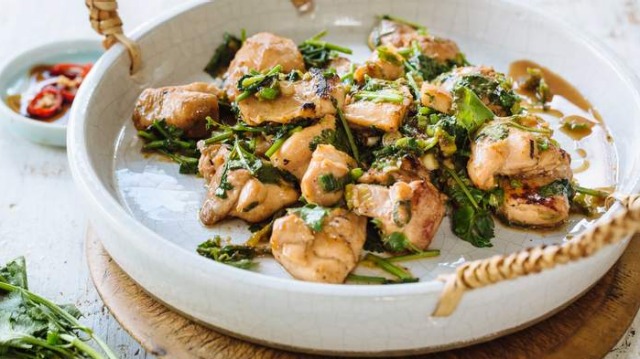 Super simple family dinner: Wok-fried chicken with coriander.