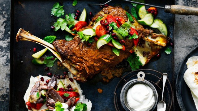 Slow-cooked lamb shoulder with tahini yoghurt.