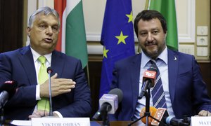 Italy's Interior Minister and Deputy-Premier Matteo Salvini, right, and Hungary's Prime Minister Viktor Orban attend a news conference in Milan, Italy, Tuesday, Aug. 28, 2018.