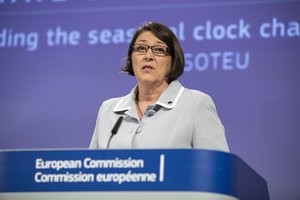 Violeta Bulc, Member of the European Commission in charge of Transport,speaks during a press conference on seasonal clock changes in Belgium,September 2018