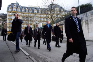 File - U.S. Secretary of State John Kerry walks through Montreux, Switzerland, on March 2, 2015, en route to resume negotiations with Iranian Foreign Minister Javad Zarif about the future of his country's nuclear program.