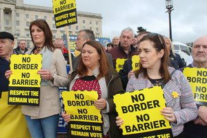 File - A Sinn Féin protest at Stormont against a hard border, Belfast, Northern Ireland. Post-Brexit border controls are a controversial issue.