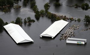 Hog farm buildings are inundated with flood water from hurricane Florence near Trenton, NC., Sunday, Sept. 16, 2018..