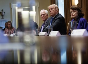 From left, Rep. Marsha Blackburn, R-Tenn., Sen. John Cornyn, R-Texas, President Donald Trump and Sen. Dianne Feinstein, D-Calif., look to across the table in the Cabinet Room of the White House, in Washington, Wednesday, Feb. 28, 2018, during a meeting with members of congress to discuss school and community safety. (AP Photo/Carolyn Kaster)