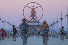 In this Wednesday, Aug. 31, 2016 photo, the Burning Man effigy, modeled after the Leonardo da Vinci's Vitruvian Man, ...