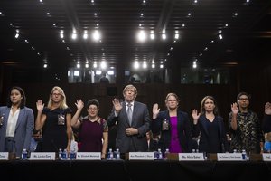 File - A panel of experts and character witnesses are sworn in before the Senate Judiciary Committee during the final stage of the confirmation hearing for President Donald Trump's Supreme Court nominee, Brett Kavanaugh, on Capitol Hill in Washington, Friday, Sept. 7, 2018.