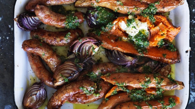 One-tray wonder: Baked sweet potato and sausages.