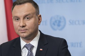 Andrzej Duda, President of the Republic of Poland and President of the Security Council for the month of May, briefs journalists on the side of the Security Council meeting on maintenance of international peace and security, with a focus on upholding international law within the context