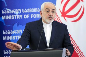 Iranian Foreign Minister Mohammad Javad Zarif speaks to press after a meeting with Georgian Foreign Minister Mikheil Janelidze in Tbilisi, Georgia, Tuesday, April 18, 2017.