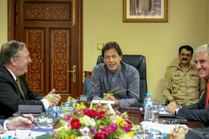 File - U.S. Secretary of State Michael R. Pompeo participates in a meeting with Pakistan Prime Minister Imran Khan in Islamabad, Pakistan on September 5, 2018.