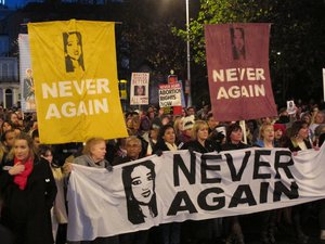 The Irish government announced Tuesday, Sept. 26, 2017, that a referendum on abortion would take place in 2018. In this Saturday, Nov. 17, 2012 file photo abortion rights protesters holding pictures of Savita Halappanavar march through central Dublin, demanding that Ireland's government ensures that abortions can be performed to save a woman's life.