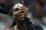 Serena Williams gestures towards chair umpire Carlos Ramos during the women's final of the US Open.