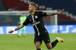 PSG forward Neymar celebrates after scoring his side's sixth goal and third personal during the Champions League Group C soccer match between Paris Saint-Germain and Red Star at Parc des Prince stadium in Paris, Wednesday, Oct. 3, 2018. (AP Photo/Thibault Camus)