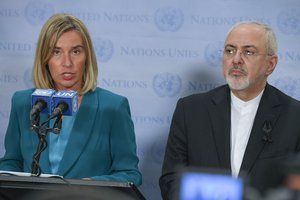 Federica Mogherini (at podium), High Representative of the EU for Foreign Affairs and Security Policy and Vice-President of the European Commission, briefs press following a Ministerial meeting on the the Joint Comprehensive Plan of Action (JCPOA) regarding Iran’s nuclear programme, 24 September, 2018.  Also pictured is M. Javad Zarif, Minister for Foreign Affairs of the Islamic Republic of Iran.