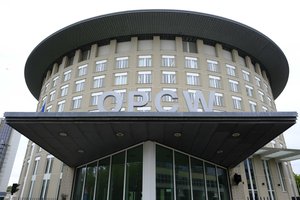 In this photo taken on Friday, May 5, 2017, the headquarters of the Organisation for the Prohibition of Chemical Weapons (OPCW) are seen in The Hague, Netherlands