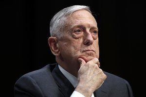 Defense Secretary Jim Mattis listens to a question on the Department of Defense budget posture during a Senate Armed Services Committee hearing, Thursday April 26, 2018, on Capitol Hill in Washington. (AP Photo/Jacquelyn Martin)