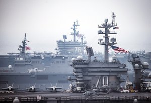 170601-N-GD109-070 SEA OF JAPAN (June 1, 2017) The Carl Vinson Carrier Strike Group, including the aircraft carrier USS Carl Vinson (CVN 70), Carrier Air Wing (CVW) 2, the guided-missile cruiser USS Lake Champlain (CG 57) and the guided-missile destroyers USS Wayne E. Meyer (DDG 108) and USS Michael Murphy (DDG 112), operate with the Ronald Reagan Carrier Strike Group including, USS Ronald Reagan (CVN 76), CVW-5, USS Shiloh (CG 67), USS Barry (DDG 52), USS McCampbell (DDG 85), USS Fitzgerald (DDG 62) and USS Mustin (DDG 89), and the Japan Maritime Self-Defense Force ships (JS) Hyuga (DDH 181) and JS Ashigara (DDG 178) in the western Pacific region. The Japan Maritime Self-Defense Force and U.S. Navy forces routinely train together to improve interoperability and readiness to provide stability and security for the Indo-Asia Pacific region. (U.S. Navy photo by Mass Communication Specialist 2nd Class Z.A. Landers/Released)