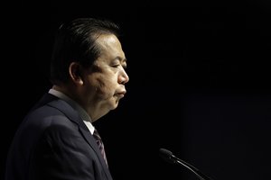 Interpol President, Meng Hongwei, delivers his opening address at the Interpol World congress on Tuesday, July 4, 2017, in Singapore