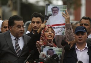 Tawakkol Karman, of Yemen the Nobel Peace Prize laureate for 2011, gestures as she talks to members of the media about the missing Saudi writer Jamal Khashoggi, near the Saudi Arabia consulate in Istanbul, Monday, Oct. 8, 2018.