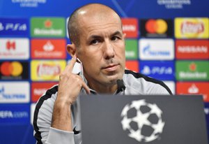 Monaco head coach Leonardo Jardim listens, during a press conference, a day ahead of the Champions League group A soccer match between Borussia Dortmund and AS Monaco in Dortmund, Germany, Tuesday, Oct. 2, 2018.