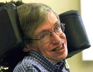 In this Wednesday, July 21, 1999 file photo Professor Stephen Hawking smiles during a news conference at the University of Potsdam, near Berlin, Germany.