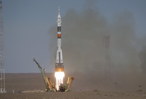 The Soyuz-FG rocket booster with Soyuz MS-10 space ship carrying a new crew to the International Space Station, ISS, blasts off at the Russian leased Baikonur cosmodrome, Kazakhstan, Thursday, Oct. 11, 2018.