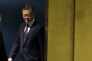 South Korea's President Moon Jae-in arrives to address the 73rd session of the United Nations General Assembly, at U.N. headquarters, Wednesday, Sept. 26, 2018.