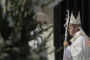 Pope Francis arrives for a canonization ceremony in St. Peter's Square at the Vatican, Sunday, Oct. 14, 2018.