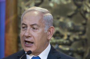 raeli Prime Minister Benjamin Netanyahu speaks during a meeting with the Lithuanian Jewish Community at the Synagogue in Vilnius, Lithuania, Sunday, Aug. 26, 2018.