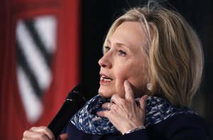 FILE - In a Friday, May 25, 2018 file photo, Hillary Clinton answers a question at Harvard University in Cambridge, Mass.