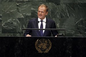 President of the European Council Donald Tusk addresses the 73rd session of the United Nations General Assembly, at U.N. headquarters, Thursday, Sept. 27, 2018.