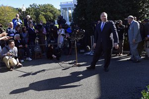 Secretary of State Mike Pompeo walks away after speaking to reporters about the murder of journalist Jamal Khashoggi, following his meeting with President Donald Trump in the Oval Office of the White House in Washington, Thursday, Oct. 18, 2018.