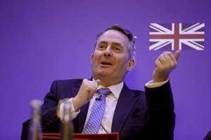 Britain's Secretary of State for International Trade Liam Fox speaks during the plenary session of the UK-India Joint Economic and Trade Committee (JETCO) 2018 at the Institute of Civil Engineers in London, Thursday, Jan. 11, 2018. (AP Photo/Matt Dunham)