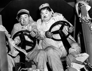 Screenshot of Laurel and Hardy in the 1939 film The Flying Deuces. Laurel and Hardy were a comedy duo during the early Classical Hollywood era of American cinema.